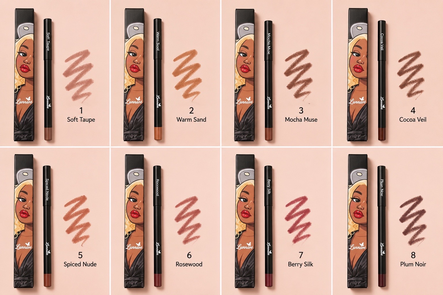 Lunnaré black lip liner collection — Soft Taupe, Warm Sand, Mocha Muse, Cocoa Veil, Spiced Nude, Rosewood, Berry Silk and Plum Noir with matching swatches