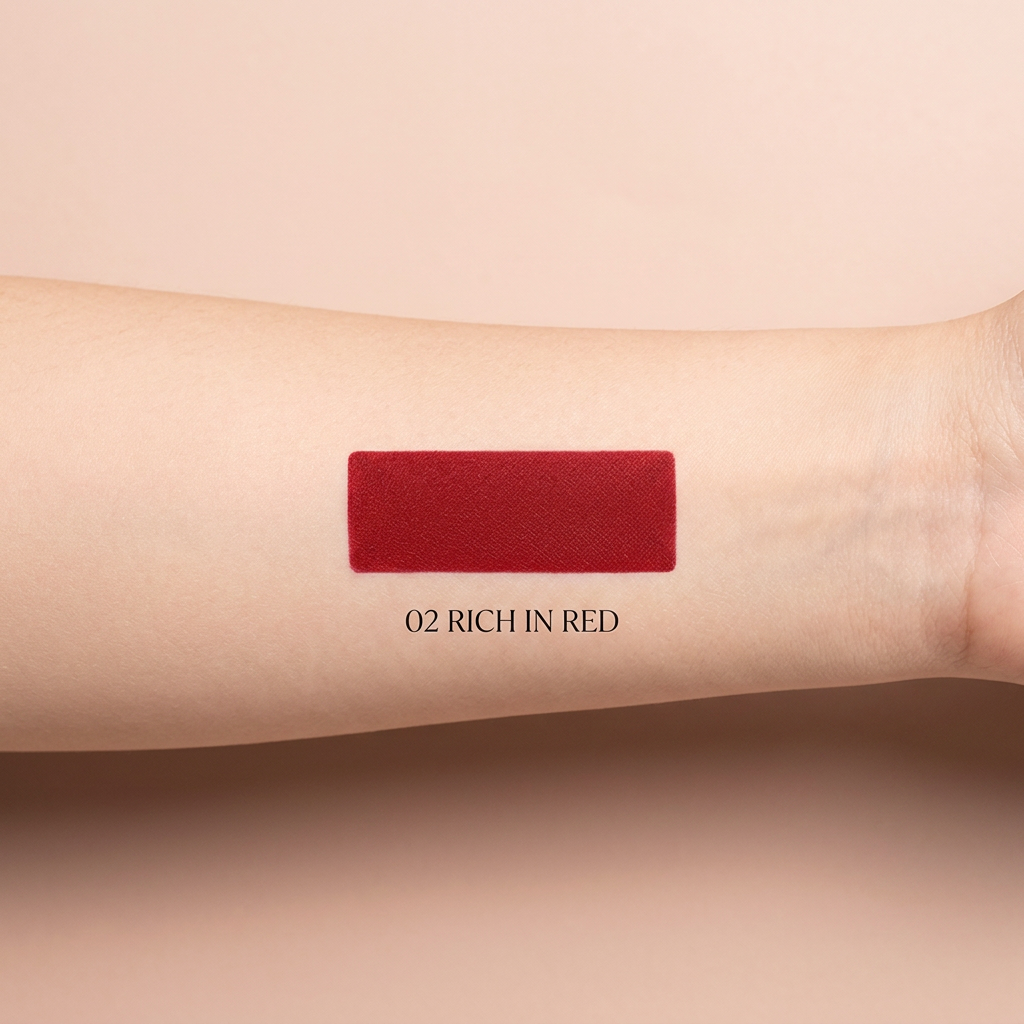 Rich in Red matte shade swatch on skin